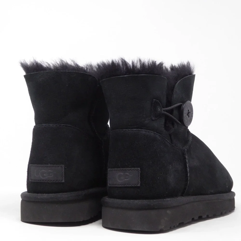 NEW UGG Women Boots Black Mini Bailey Button II Suede Sheepskin 10